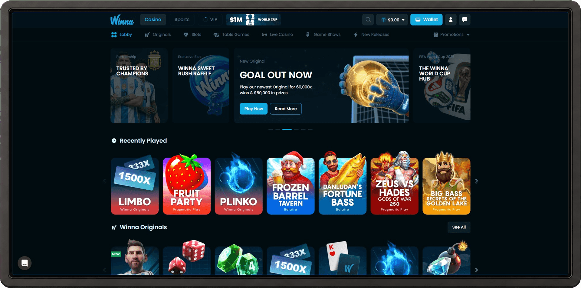 Winna desktop casino lobby shown inside a monitor frame