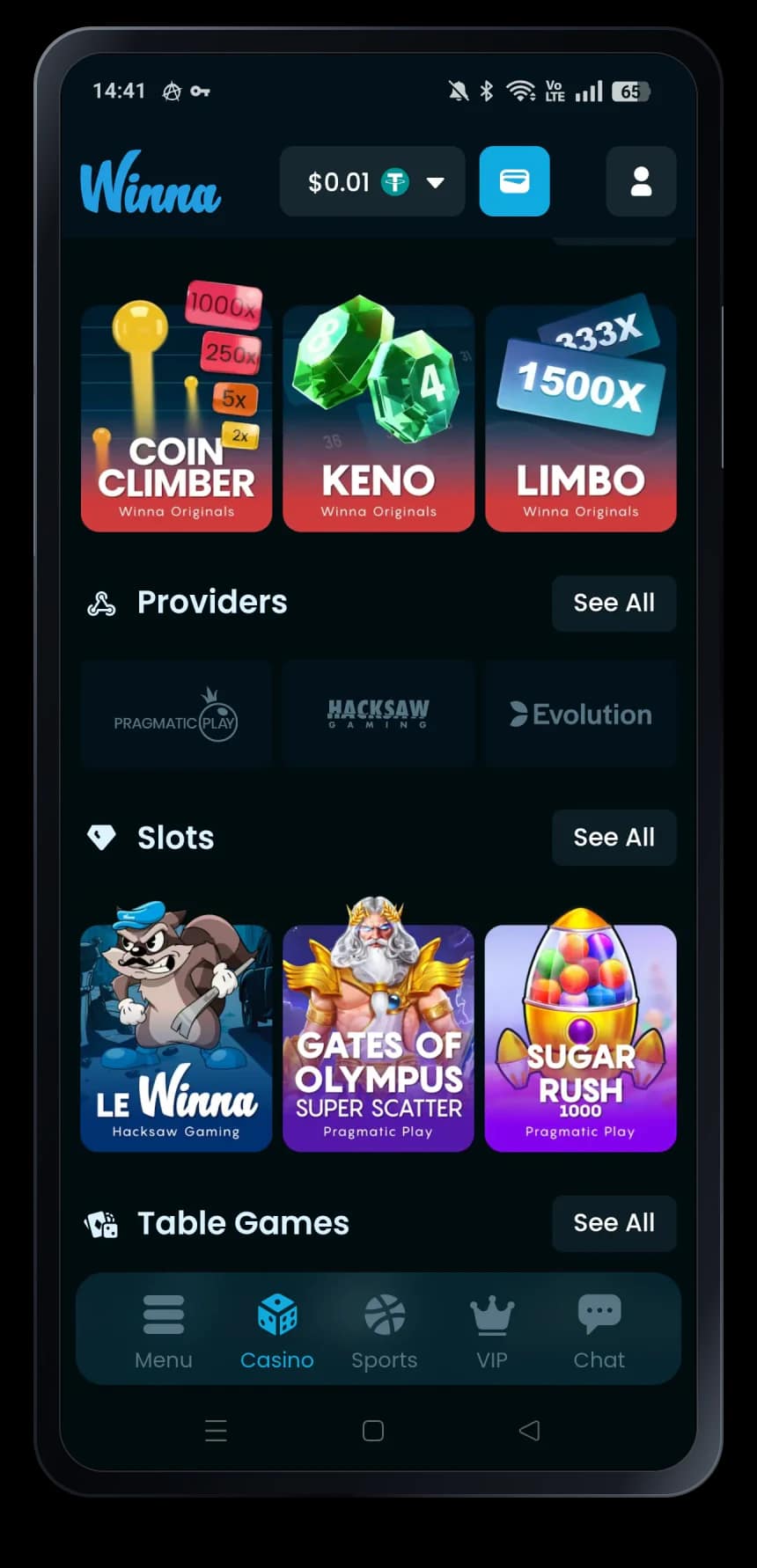 Winna mobile casino lobby shown inside a phone frame