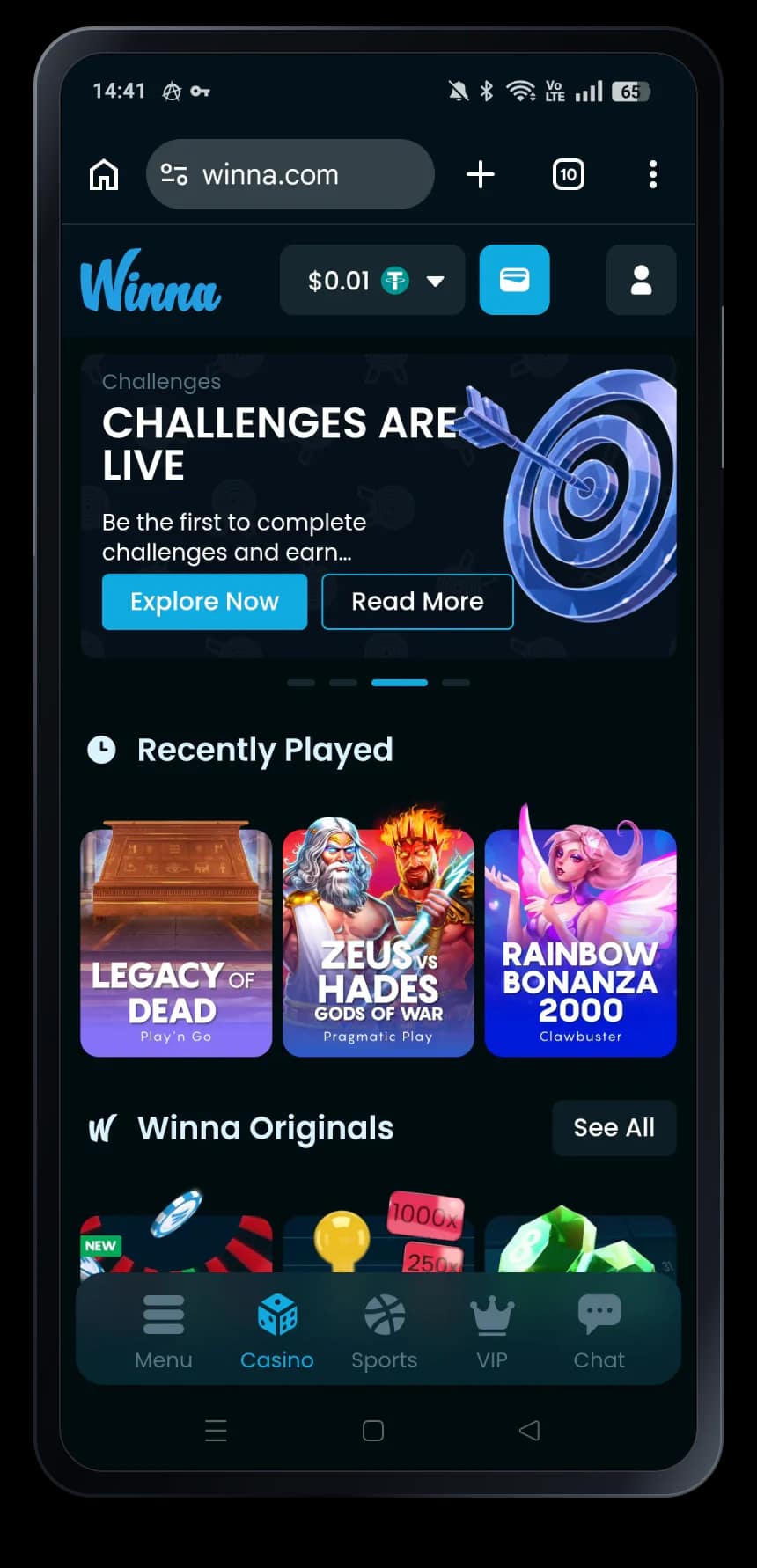 Winna mobile homepage shown inside a phone frame