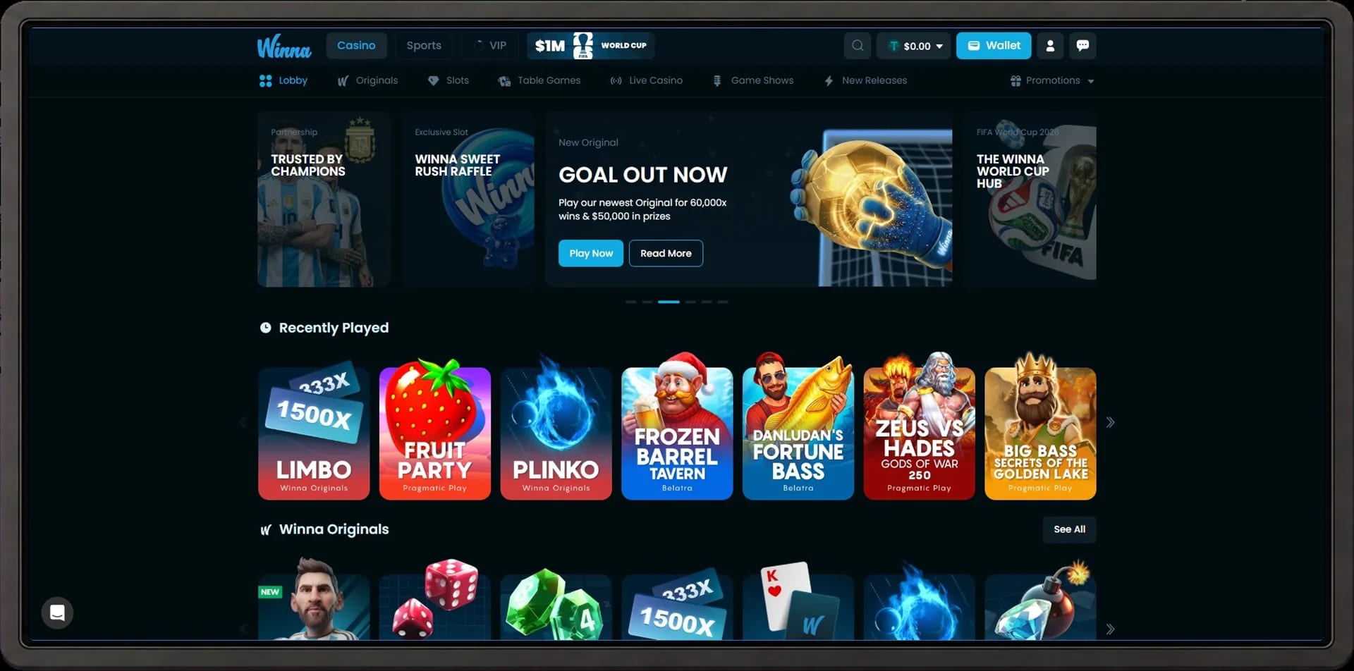 Winna casino lobby on desktop and mobile